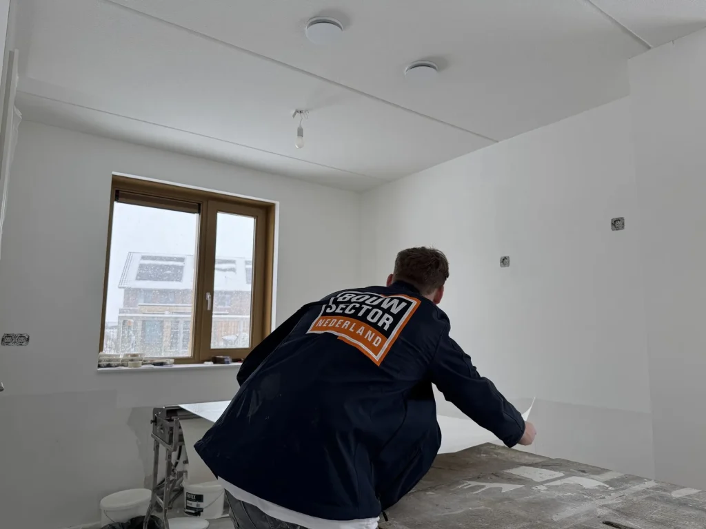 Behanger van Bouwsector Nederland pakt een baan vlies van de plaktafel in een kale kamer
